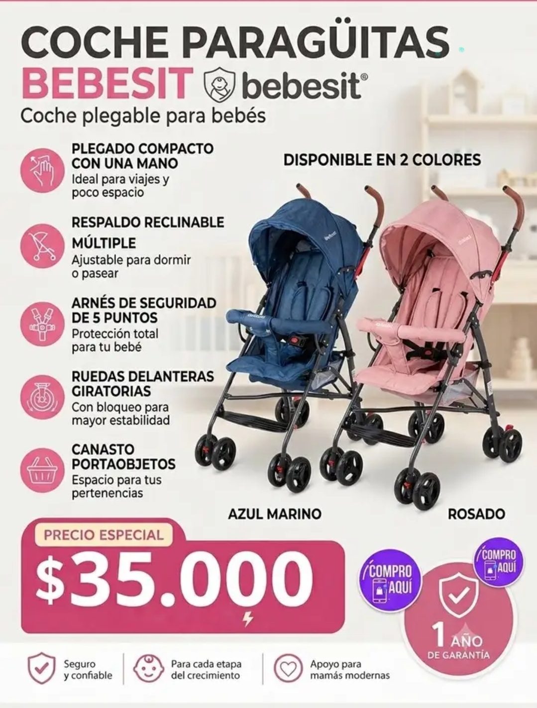 Coche paraguas Bebesit (celeste o Rosado) nuevos